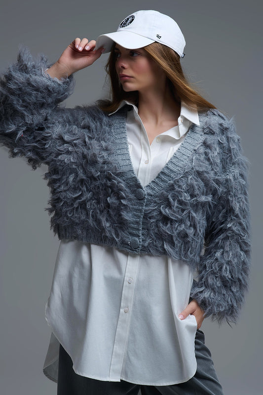 Chunky Shag Style Fluffy Knitted Cardigan in Grey
