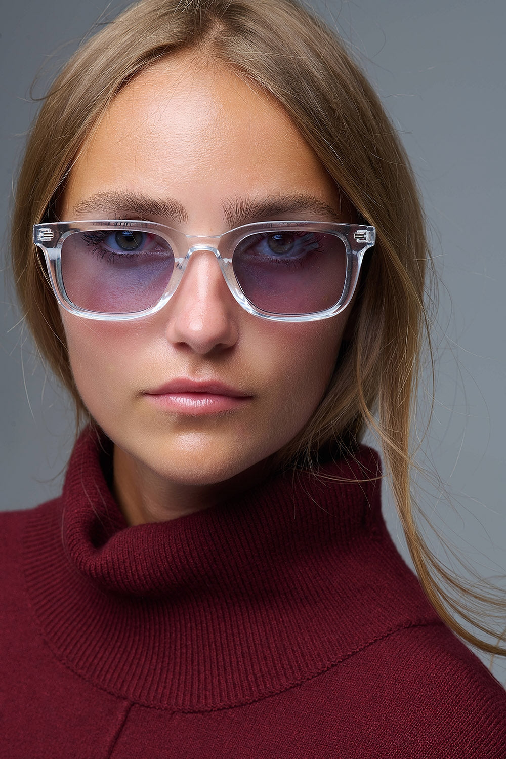 Q2 Clear Square Sunglasses with blue Gradient Lenses and metal side detail