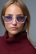 Q2 Clear Square Sunglasses with blue Gradient Lenses and metal side detail