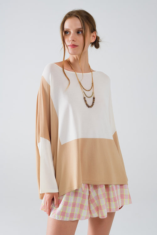 Color Block Bat Wing Sweater In White and Beige