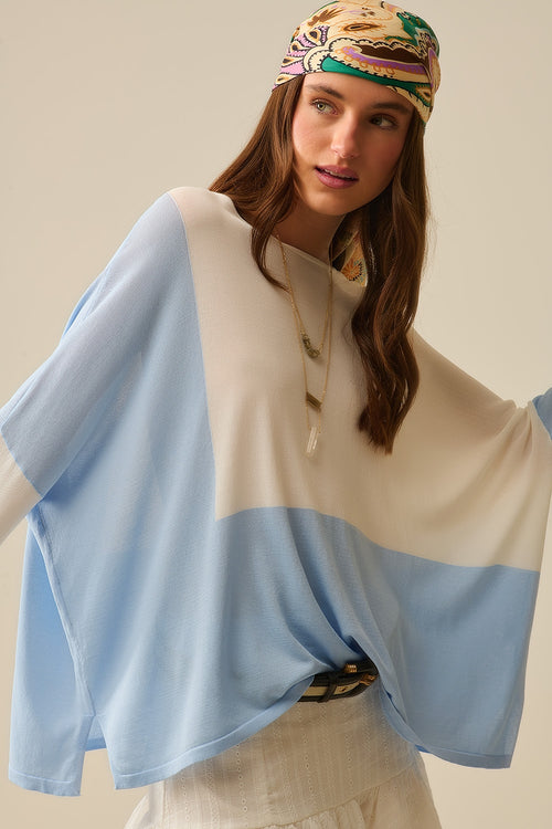 Color Block Bat Wing Sweater In White and blue