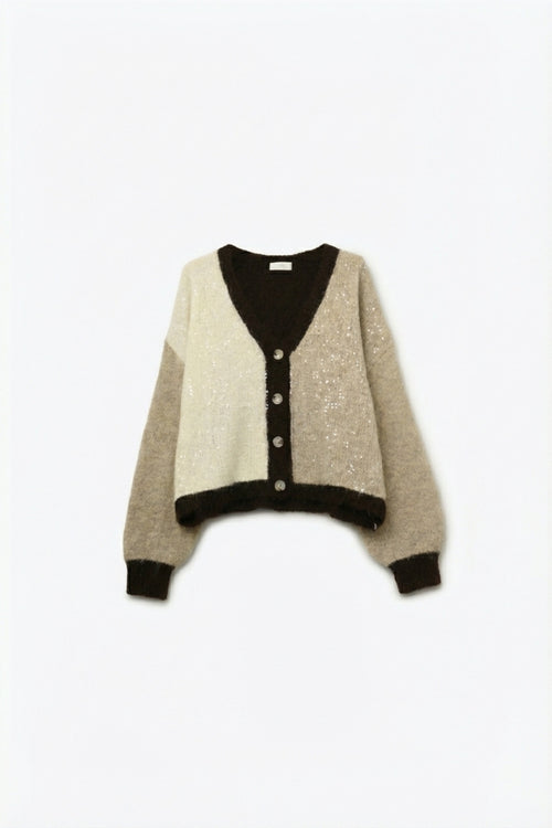 Q2 Color-block Sequin V-Neck Cardigan in beige and brown colors