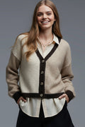 Color-block Sequin V-Neck Cardigan in beige and brown colors