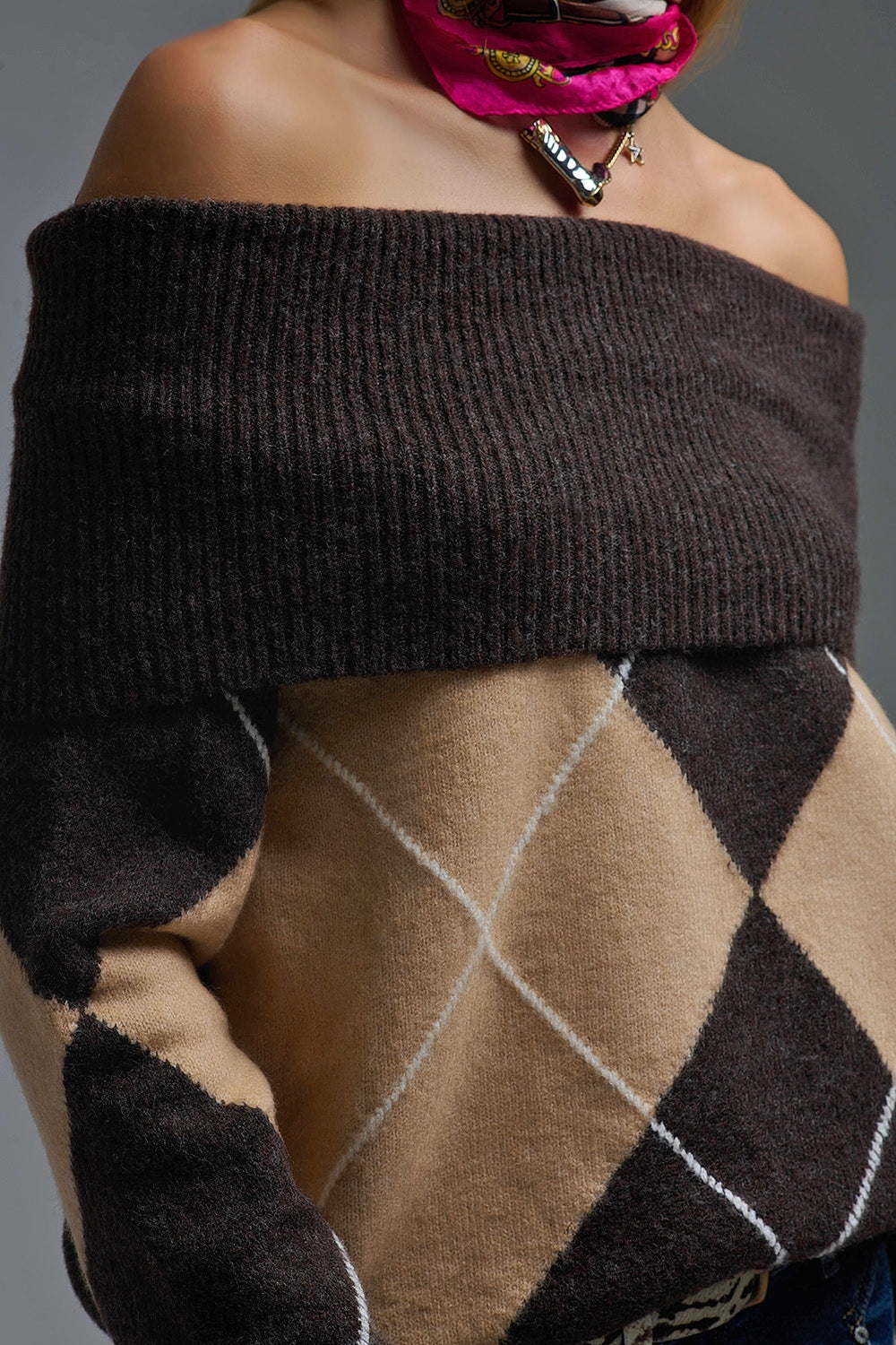 Cozy Brown Diamond-Pattern Off-Shoulder Sweater