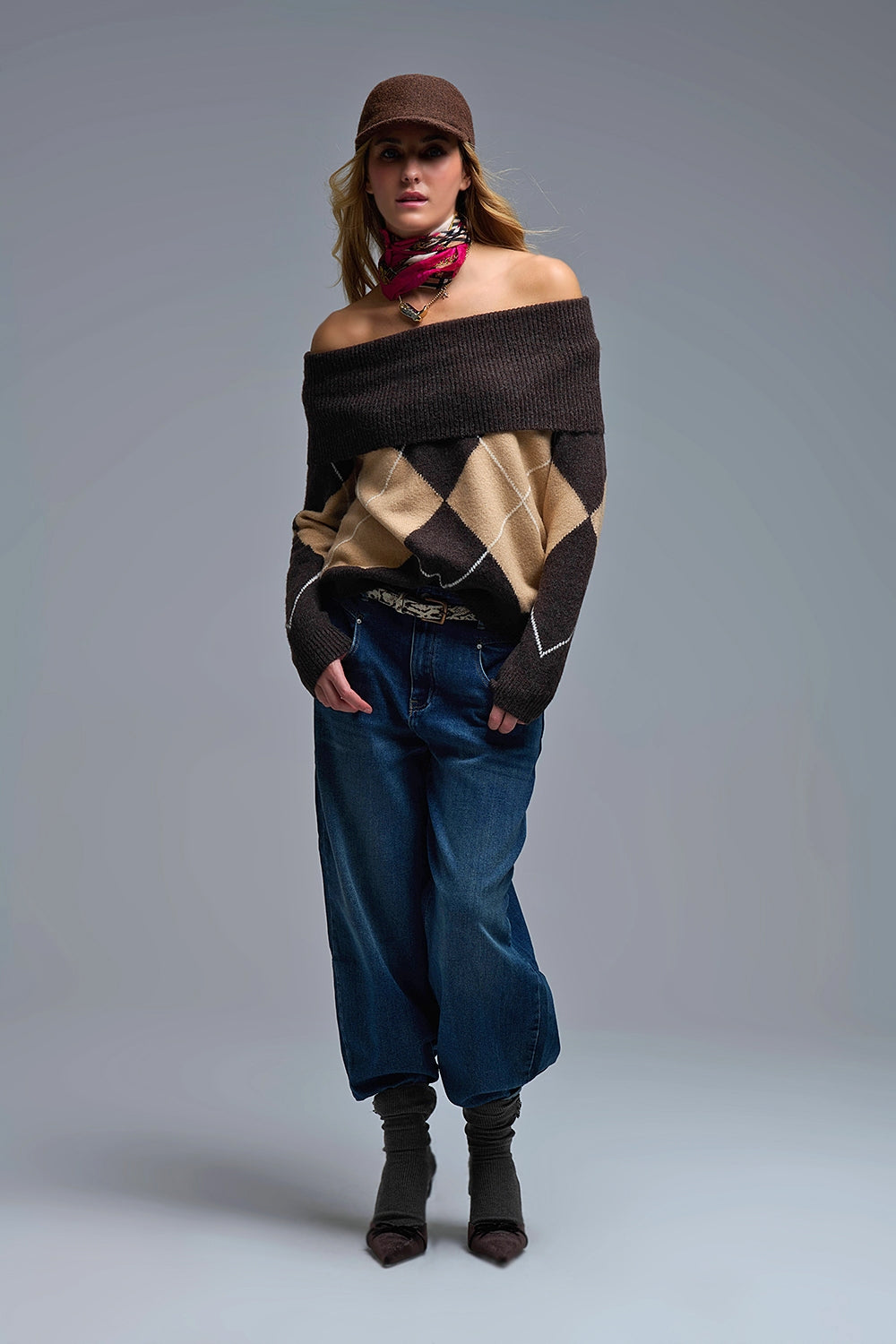 Cozy Brown Diamond-Pattern Off-Shoulder Sweater