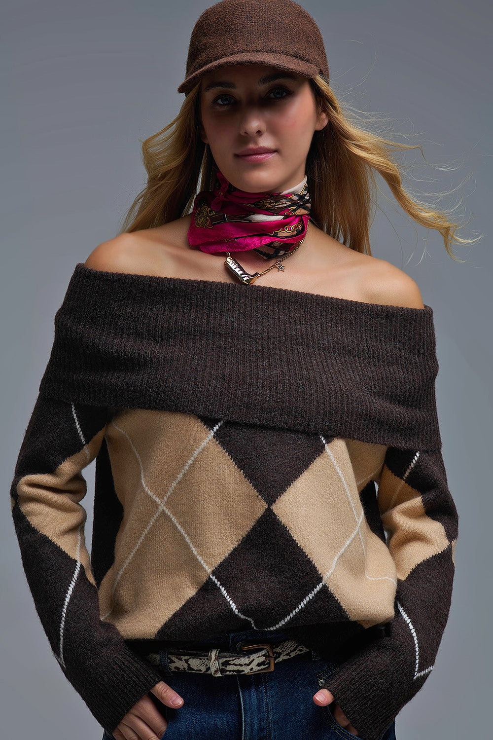 Cozy Brown Diamond-Pattern Off-Shoulder Sweater