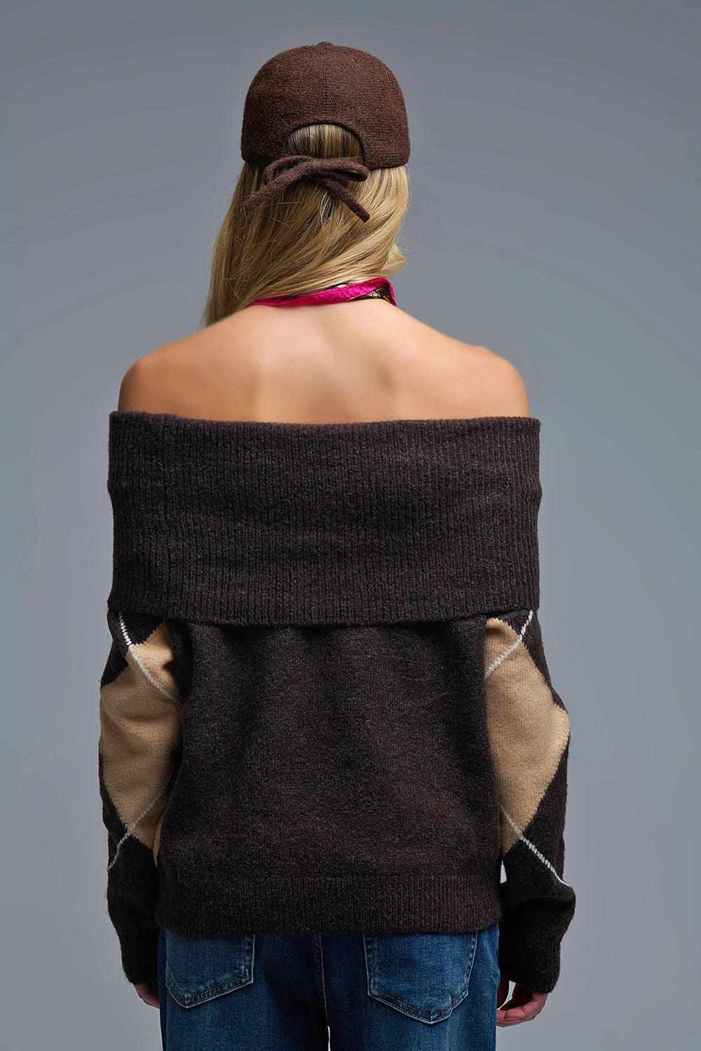 Cozy Brown Diamond-Pattern Off-Shoulder Sweater