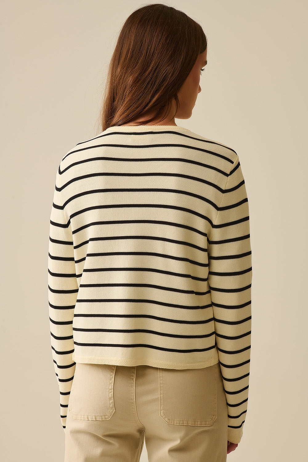 Cream Cardigan with Black Stripes and Gold Buttons