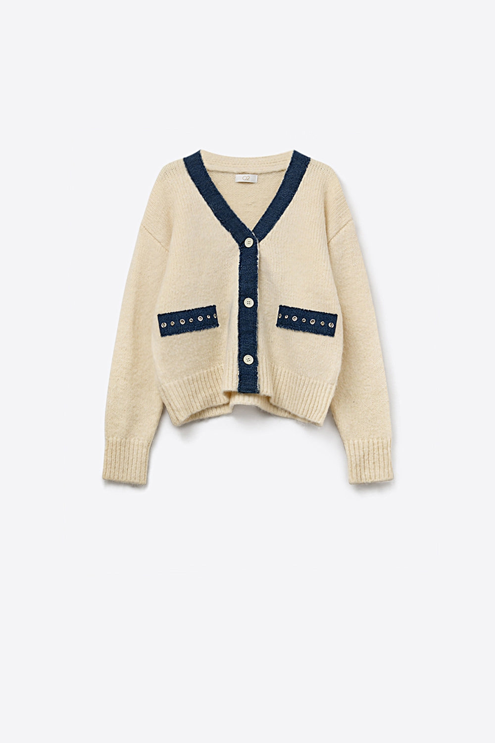 Q2 Cream cardigan with denim fabric details