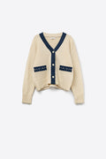 Q2 Cream cardigan with denim fabric details