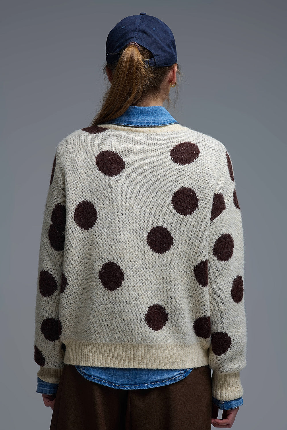 Cream Crew Neck Sweater with brown Polka Dot