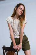 Q2 Cream Croched Short Sleeve Sweater With Boat Neck