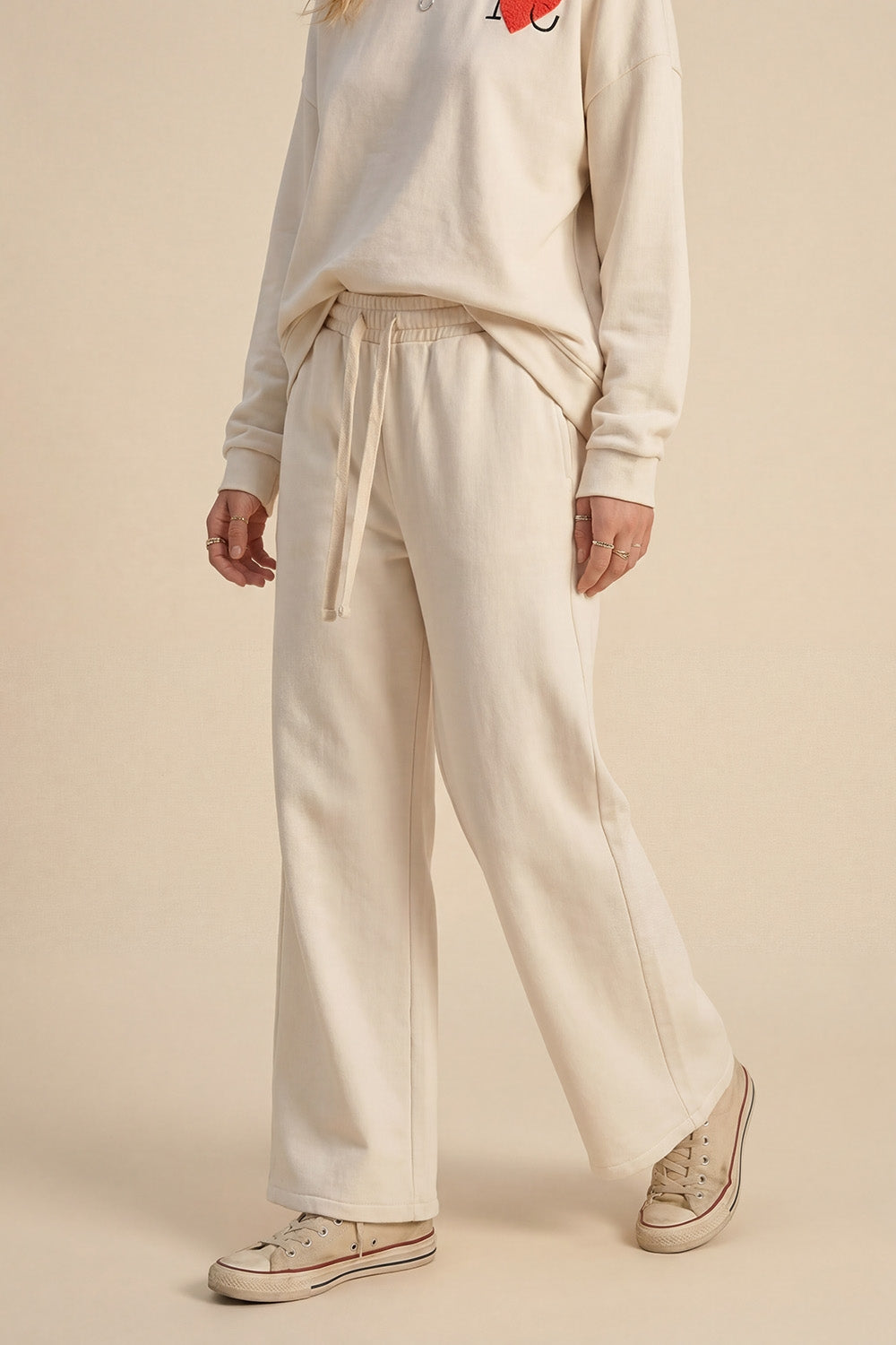 Q2 Cream Knit Straight Fit Sweatpants with elastic waist and Tie