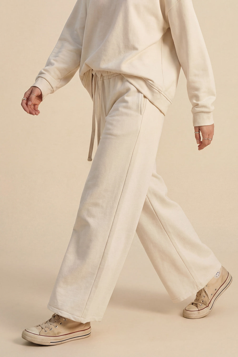 Cream Knit Straight Fit Sweatpants with elastic waist and Tie