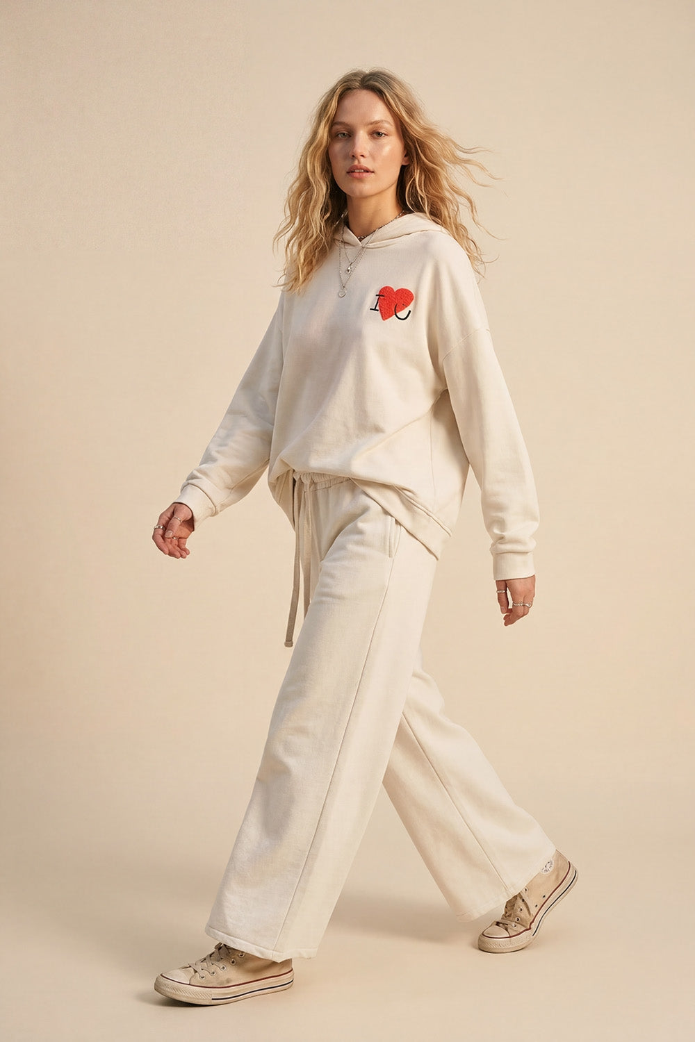 Cream Knit Straight Fit Sweatpants with elastic waist and Tie