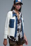 Q2 Cream Knitted Cardigan With Blue Denim Details