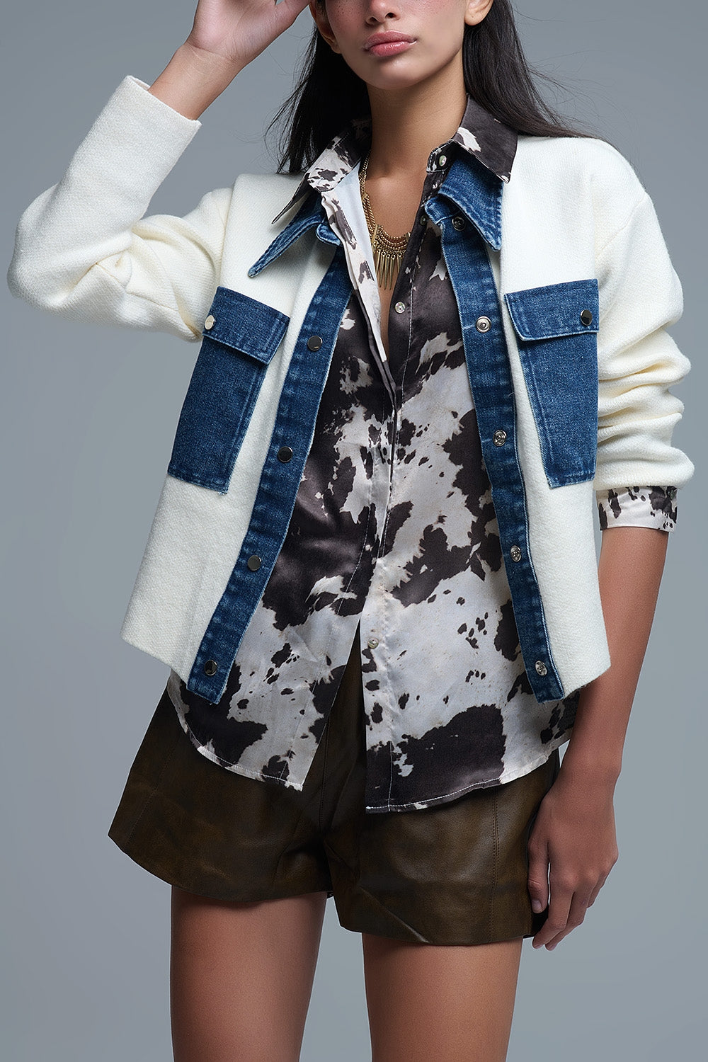 Cream Knitted Cardigan With Blue Denim Details