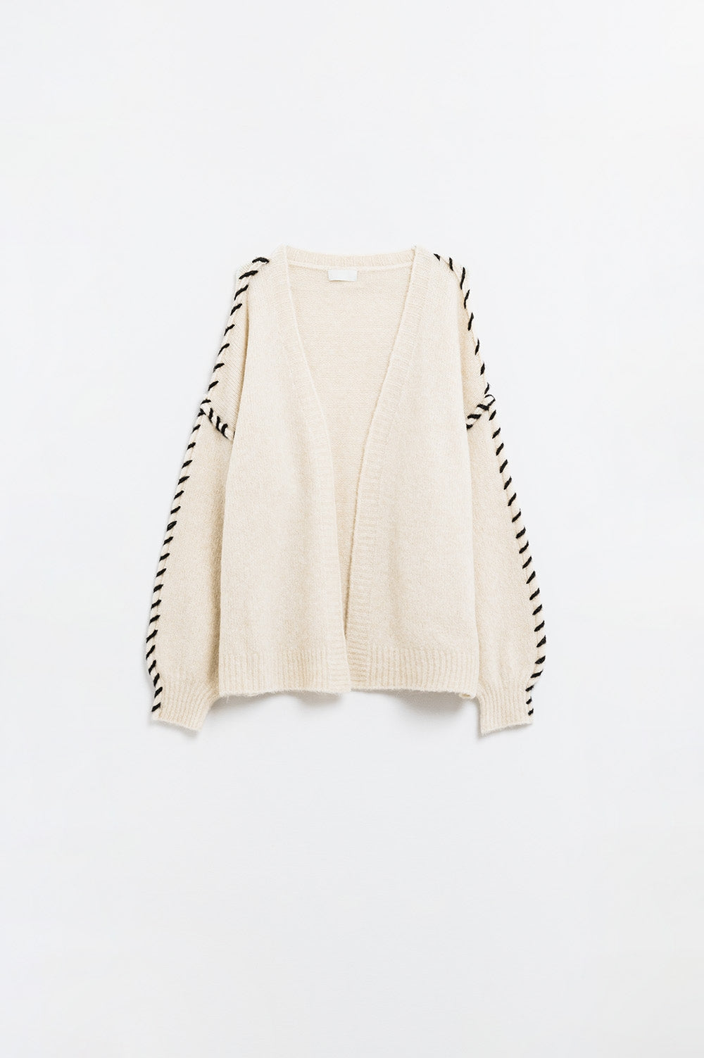Q2 Cream Open Cardigan with Black Trim in chunky knitted