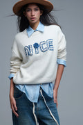 Q2 Cream Round Neck Sweater With Embroidered Nice