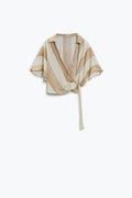 Q2 Cream Shirt Tied At Side With V-neck