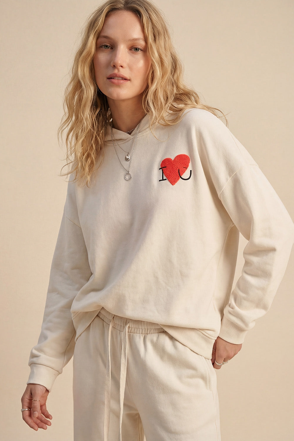 Q2 Cream Super-Soft Hoodie with Bouclé Heart Graphic