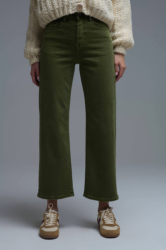 Q2 Cropped wide leg jeans in olive green
