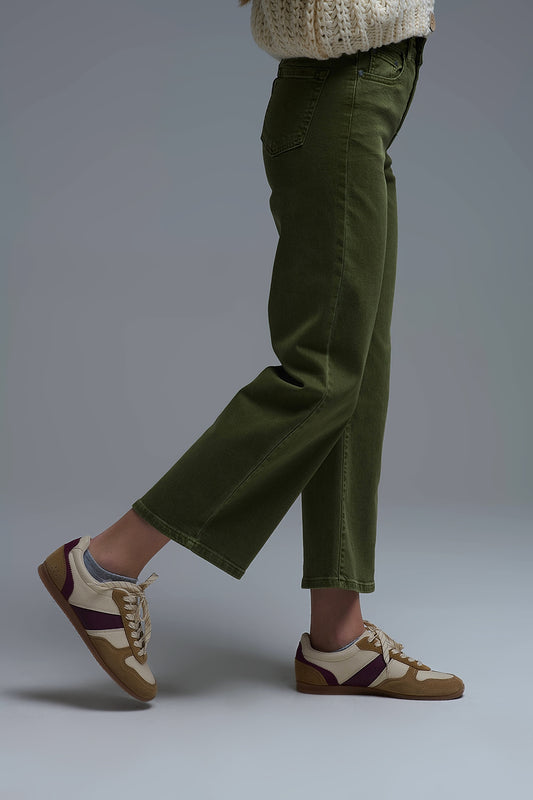 Cropped wide leg jeans in olive green
