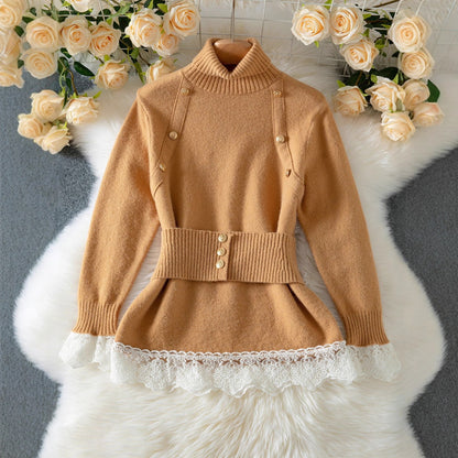 UNIKCOSA Velora Lace Stitching Belted Knit Top Slim Fit 💫