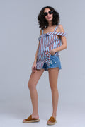 UNIKCOSA Denim mid wash blue short with floral design