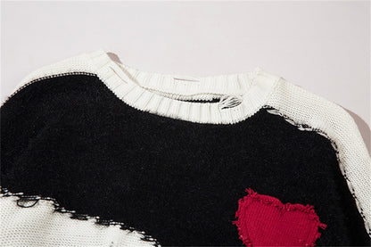 UNIKCOSA Color Contrast Patchwork Sweater – Black & White Street Knit for Men