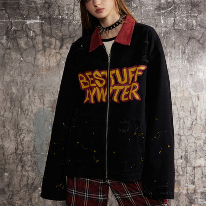 UNIKCOSA NoirFit Denim Jacket With Polo Collar Lettering 💫