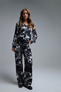 Elegant Printed Black Wide-Leg Pants in satin fabric