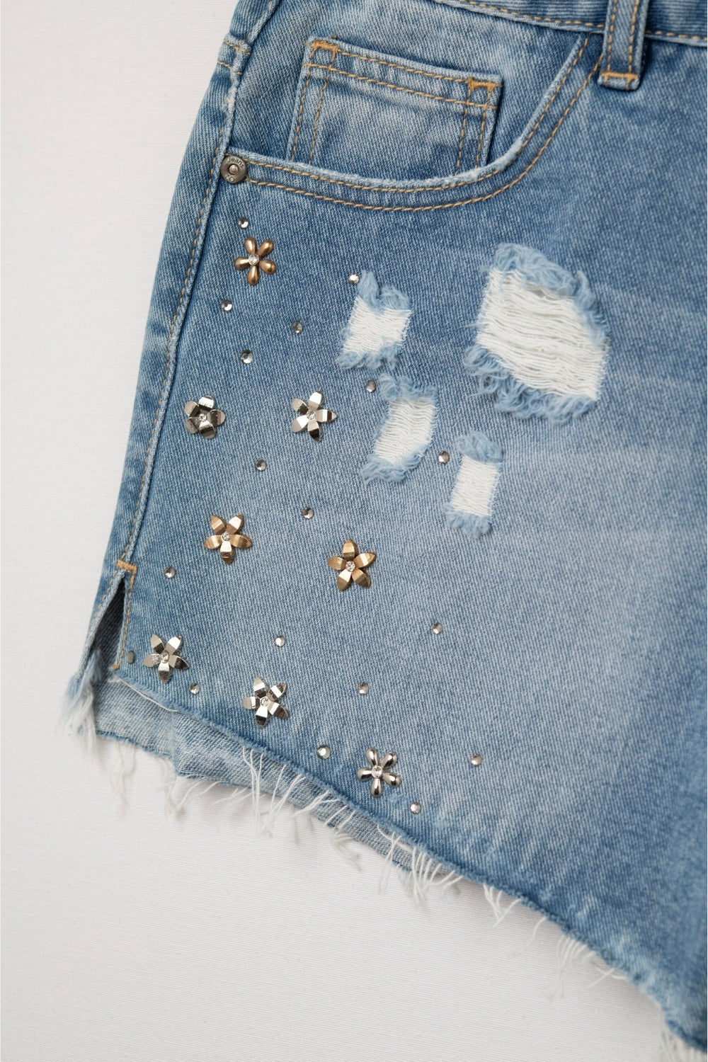Embroidered Denim Shorts in Light Wash