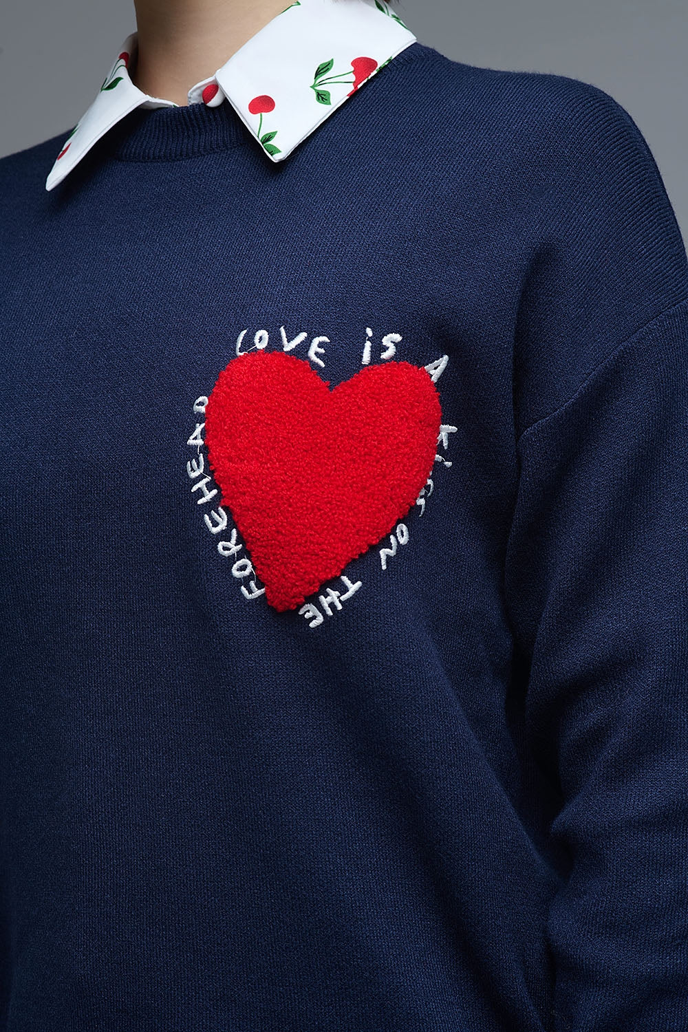 Embroidered Heart knitted jumper With Text in Navy