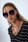 Q2 Extra Large Hexagonal Cat Eye Sunglasses in Black