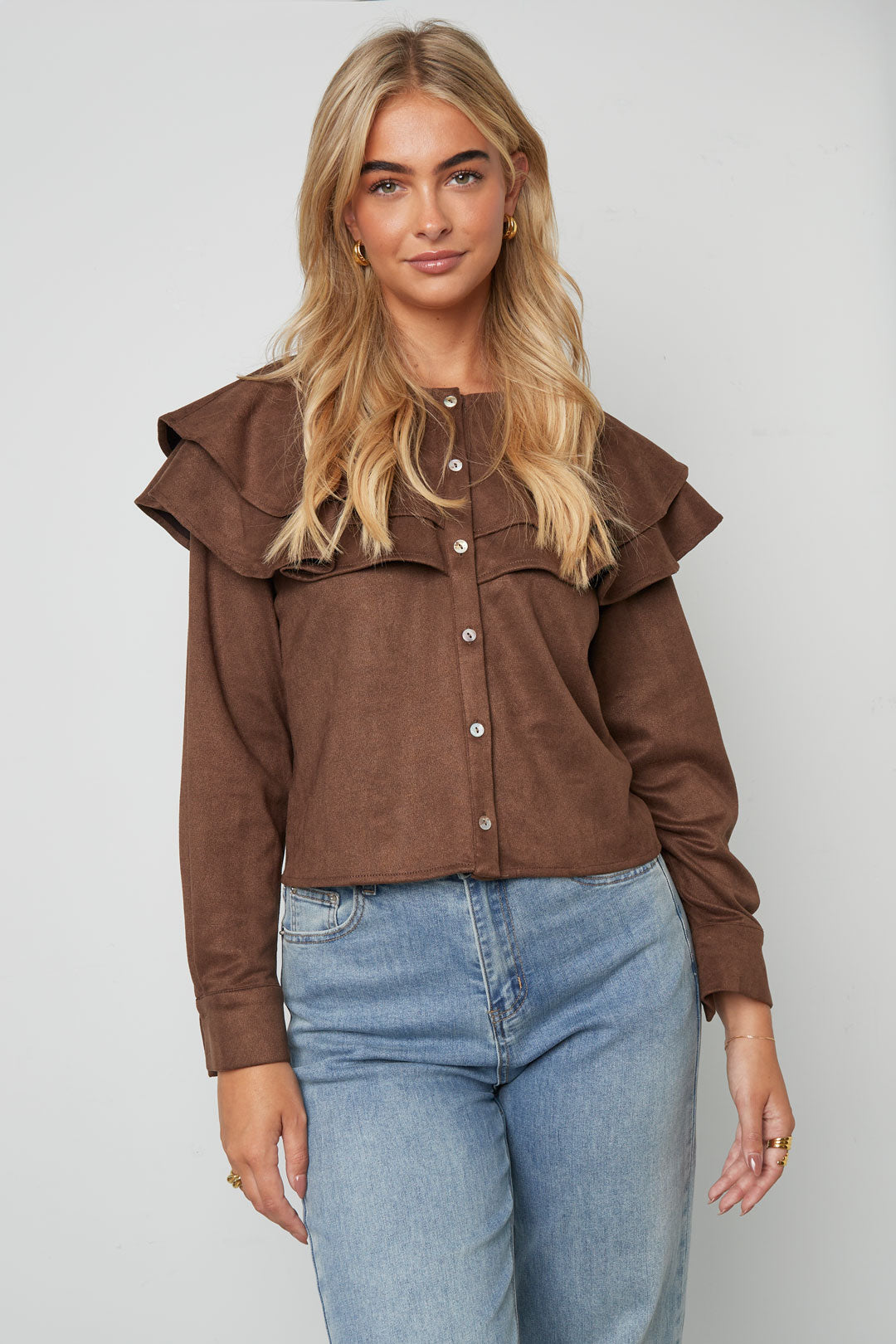 Woven Polyester Fiber Women's Blouse Elegant Ruffle Trim