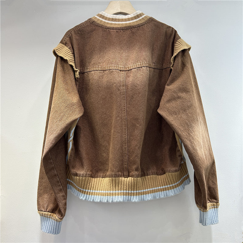 Unikcosa Women's Stand Collar Contrast Stitching Loose-Fit Denim Jacket