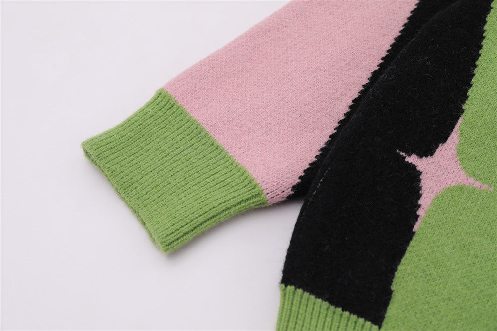 UNIKCOSA Contrast Jacquard Knit Sweater – Blue & Green Street Style Winter Essential