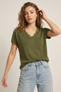 Fine and soft knit sweater with V-neck and lace trim in khaki