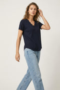 Fine and soft knit sweater with V-neck and lace trim in navy