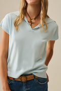 Fine Knit Polo-Style Short Sleeve Top in Baby Blue