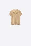 Q2 Fine Knit Polo-Style Short Sleeve Top in Camel