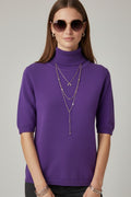 Fine knit sweater in purple with a high neck and elbow-length sleeves
