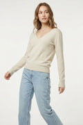 Fine Knit V-Neck Sweater with Decorative Neckline Detail in beige color