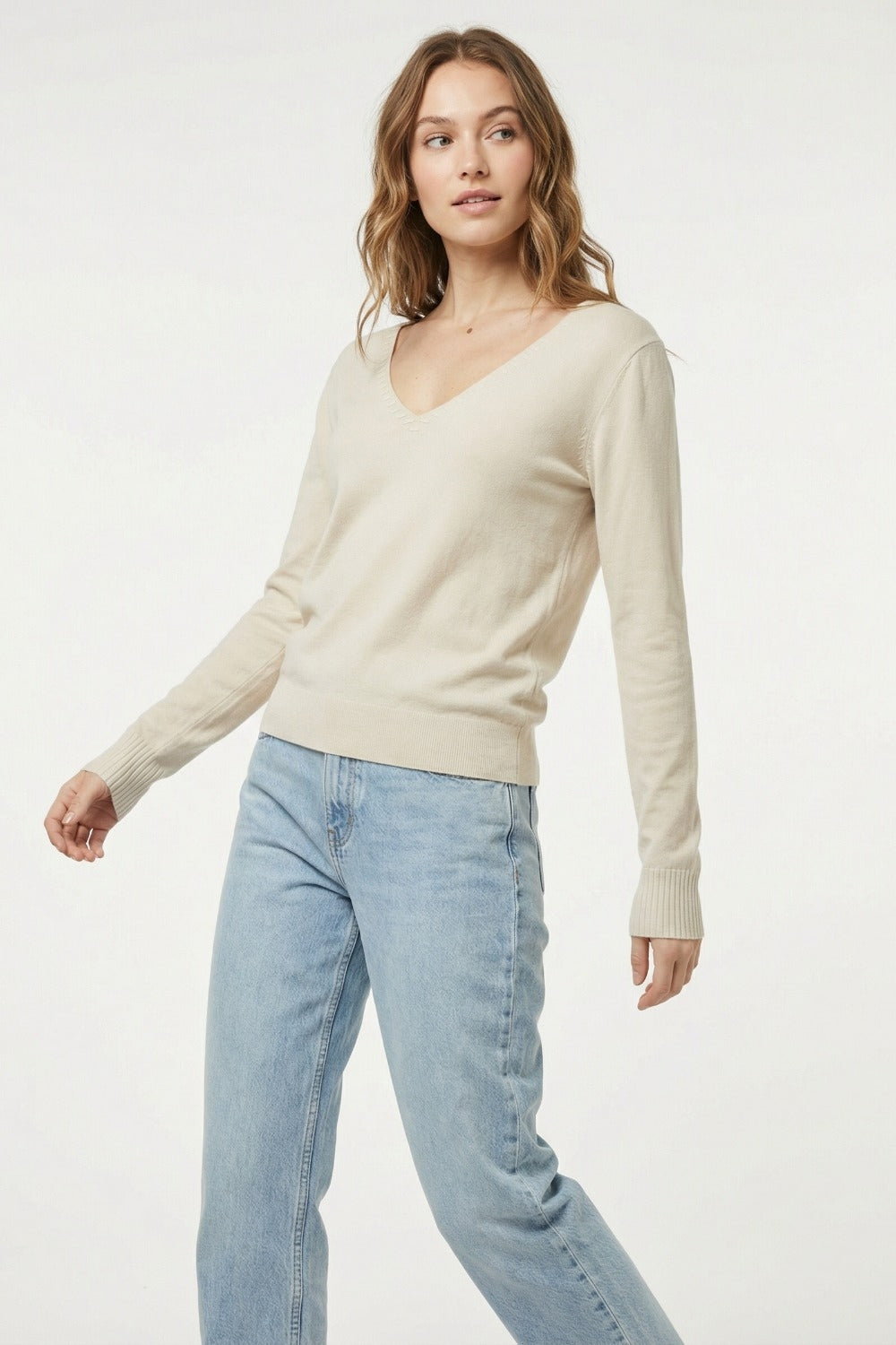 Fine Knit V-Neck Sweater with Decorative Neckline Detail in beige color