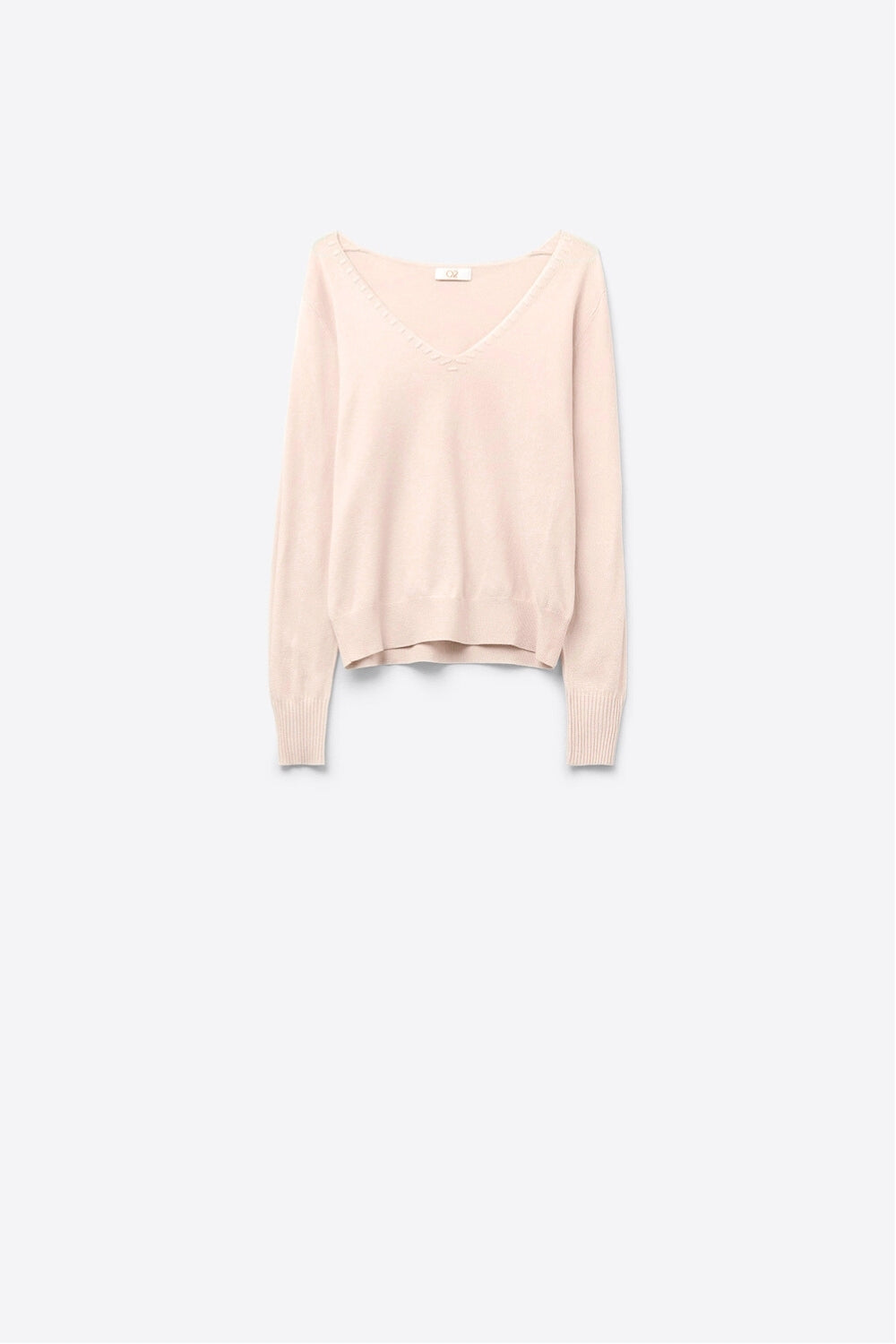 Q2 Fine Knit V-Neck Sweater with Decorative Neckline Detail in beige color