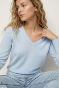 Fine Knit V-Neck Sweater with Decorative Neckline Detail in blue color