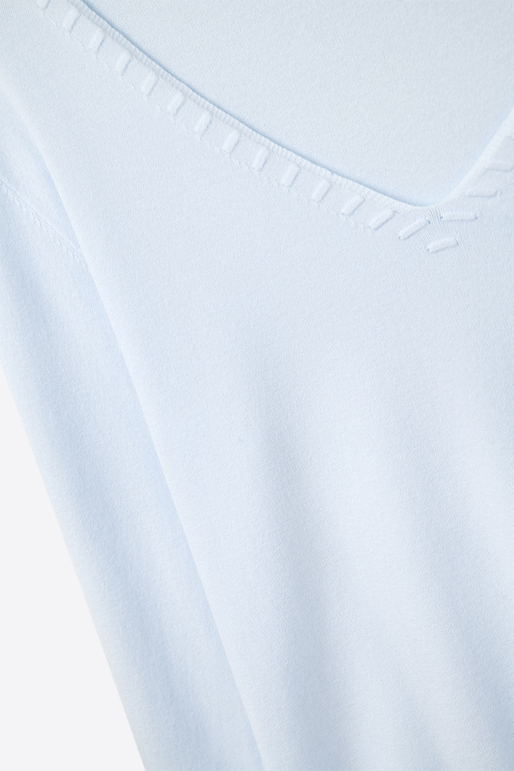 Fine Knit V-Neck Sweater with Decorative Neckline Detail in blue color