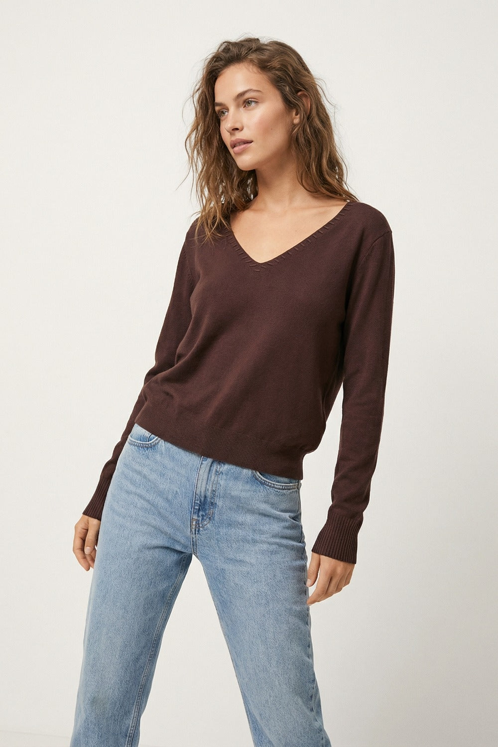 Fine Knit V-Neck Sweater with Decorative Neckline Detail in brown color