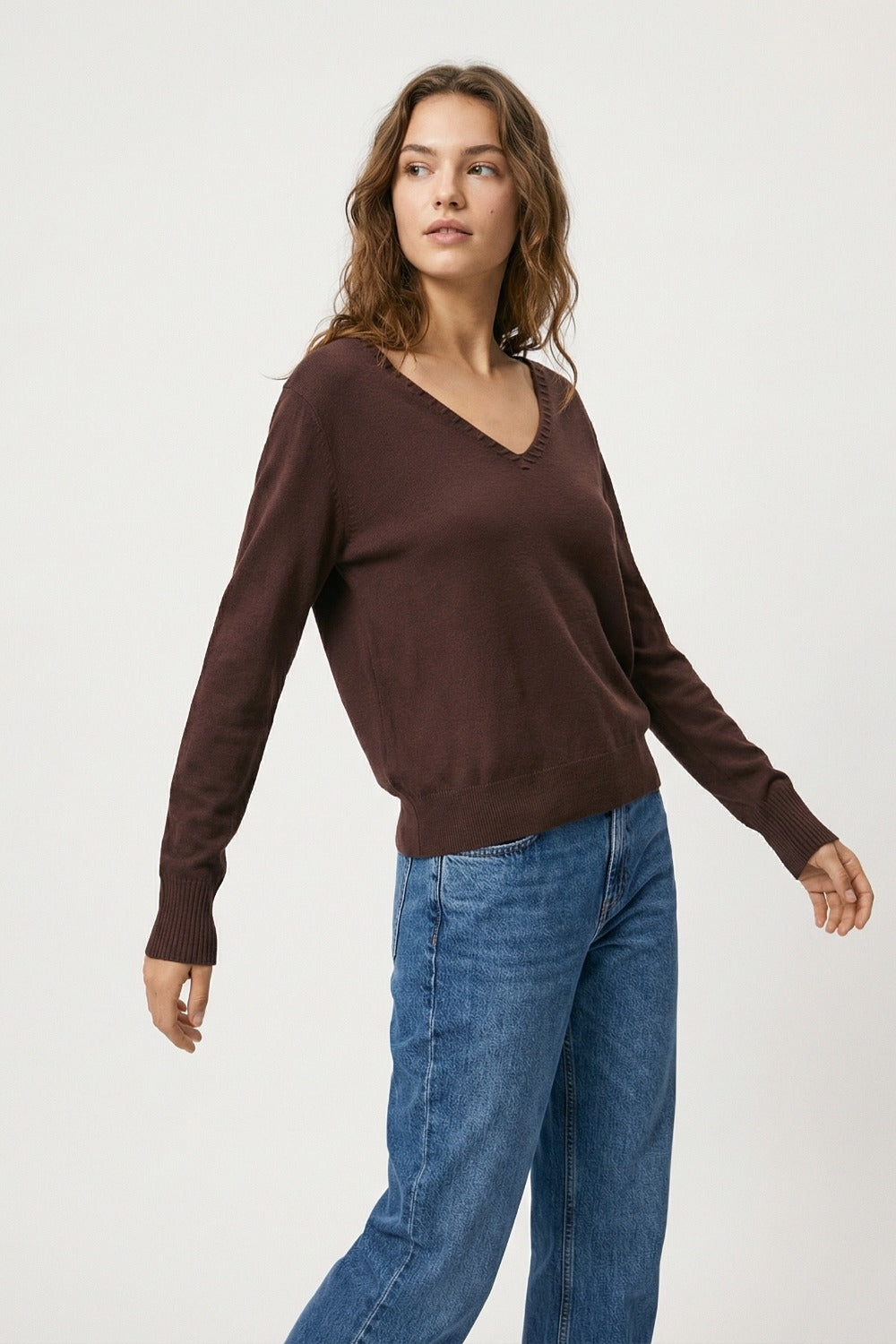 Fine Knit V-Neck Sweater with Decorative Neckline Detail in brown color